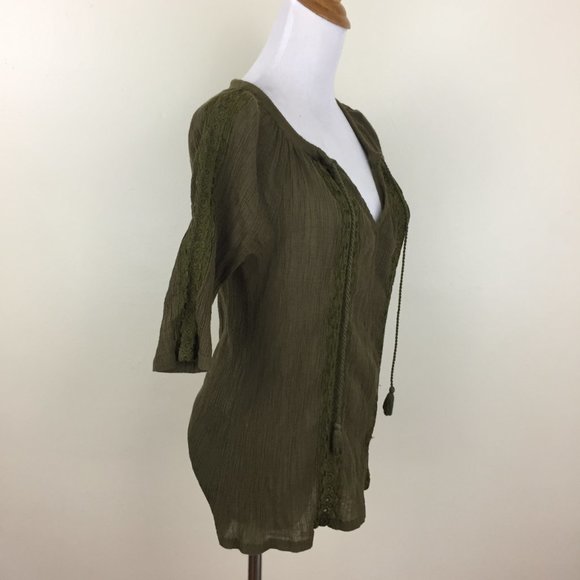 LUCKY BRAND Dark Moss Green Tie Collar Tassels Crepe Embroidery Shirt - Picture 9 of 10
